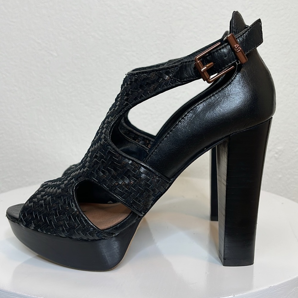 ELLIOTT LUCCA BERNADETTE BLACK WOVEN LEATHER PEEP TOE PLATFORM HEELS **NWOT** - Picture 7 of 16